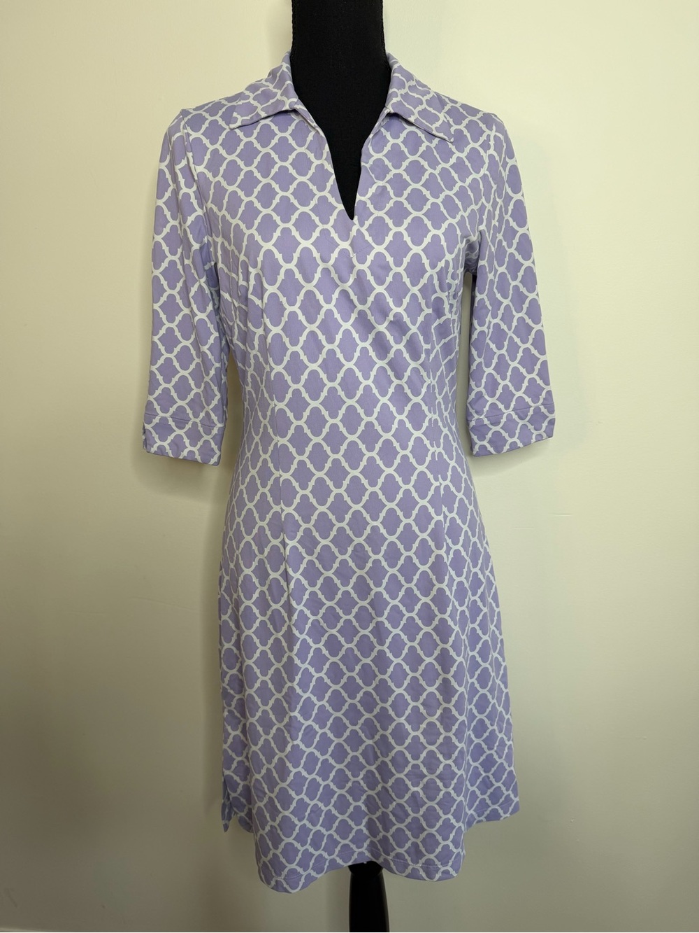 J McLaughlin Sz S Catalina Cloth Dress 3/4 Sleeve Purple White V Neck Stretch